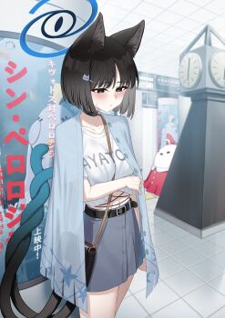 1girl absurdres alternate_costume animal_ears arm_under_breasts bag between_breasts black_bag black_choker black_eyes black_hair blue_archive blue_halo blue_haori blush breasts cat_ears cat_girl cat_tail choker closed_mouth commentary_request grey_skirt halo haori highres holding holding_bag intertwined_tails japanese_clothes kikyou_(blue_archive) looking_down medium_breasts multiple_tails parted_bangs pizza_(pizzania_company) shirt short_hair skirt solo strap_between_breasts tail two_tails white_shirt