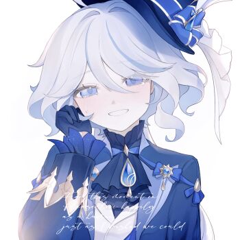 1girl absurdres ascot black_gloves blue_ascot blue_eyes blue_gem blue_hair blue_hat blue_jacket blue_pupils blush commentary_request crying english_text furina_(genshin_impact) gem genshin_impact gloves grin hair_between_eyes hand_up hat heterochromia highres jacket long_hair long_sleeves looking_at_viewer multicolored_hair ryo_(ryo_0x0_06) simple_background smile solo streaked_hair tears upper_body vest wavy_hair white_background white_hair white_vest