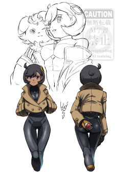 1girl ass black_bodysuit black_hair bodysuit bodysuit_under_clothes brown_jacket closed_mouth commentary_request emma_(pokemon) espurr gen_6_pokemon hair_ornament highres himegami_shino holding holding_poke_ball jacket long_sleeves multiple_views nintendo partially_colored poke_ball poke_ball_(basic) pokemon pokemon_(creature) pokemon_legends:_z-a short_hair side_ahoge signature thigh_gap watermark