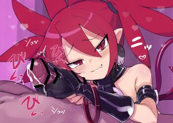 1boy 1girl absurdres arm_strap bare_shoulders black_choker black_gloves black_tube_top choker commentary_request demon_girl demon_tail demon_wings disgaea double-parted_bangs earrings elbow_gloves erection etna_(disgaea) furrowed_brow gloves hair_between_eyes heart hetero highres hoop jank365m jewelry latex latex_gloves makai_senki_disgaea o-ring o-ring_choker penis pointy_ears red_eyes red_hair shiny_skin short_hair short_twintails skull_earrings slit_pupils strapless tail tube_top twintails wings