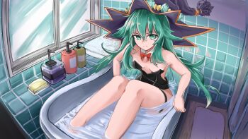 1girl absurdres bathroom bathtub black_leotard bow bowtie breasts d_kayst date_a_live detached_collar gem green_eyes green_gem green_hair hair_between_eyes hat highres kyouno_natsumi leotard long_hair looking_at_viewer playboy_bunny red_bow red_bowtie shampoo_bottle soap solo tile_wall tiles towel window witch_hat