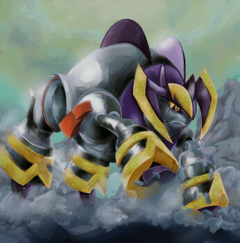 absurdres black_sclera closed_mouth colored_sclera commentary_request debris dust full_body highres horns iron_boulder karura_(to-the-4483) nintendo no_humans non-humanoid_robot orange_eyes outdoors pokemon pokemon_(creature) pokemon_focus robot robot_animal running sky solo