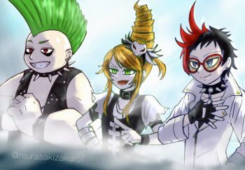 1girl 2boys artist_name black_gloves black_hair blue_eyes brown_hair cole_(fossil_fighters) collar fingerless_gloves fossil_fighters fossil_fighters_champions glasses gloves green_eyes green_hair jacket lester_(fossil_fighters) lola_(fossil_fighters) mohawk multicolored_hair multiple_boys murasakizakuro1 open_mouth red-framed_eyewear red_streaks spiked_collar spikes streaked_hair white_jacket