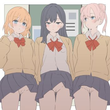 3girls arm_at_side arms_at_sides blonde_hair blue_eyes blush bow bowtie braid braided_base brown_cardigan bun_with_braided_base cardigan cleft_of_venus closed_mouth clothes_lift collared_shirt commentary_request cowboy_shot expressionless grey_hair grey_shirt grey_skirt hair_bun hand_up looking_at_another looking_down looking_to_the_side miniskirt multiple_girls no_panties open_cardigan open_clothes original pink_hair pleated_skirt pussy red_bow red_bowtie school_uniform shirt short_hair sketch skirt skirt_lift soyo1558686 standing twin_braids uncensored wind wind_lift