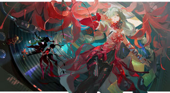 1girl absurdres bandage_over_one_eye bandaged_arm bandages black_pantyhose chinese_commentary commentary_request detached_sleeves dress flower gradient_clothes gradient_dress grey_hair halter_dress halterneck hand_up highres holding holding_flower lanfsir long_hair looking_at_viewer nail_polish pantyhose parted_lips phrolova_(wuthering_waves) red_dress red_flower red_nails single_detached_sleeve solo spider_lily tacet_mark_(wuthering_waves) wuthering_waves