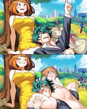 3boys 3girls absurdres bags_under_eyes blonde_hair blue_sailor_collar blush_stickers boku_no_hero_academia brown_eyes brown_hair cardigan double_bun exhibitionism fangs femdom freckles ghost green_hair hair_bun head_between_thighs highres messy_hair midoriya_izuku mineta_minoru multiple_boys multiple_girls narrowed_eyes neckerchief police police_uniform policeman possessed possession public_indecency red_neckerchief sailor_collar scar scar_on_hand scissorhold short_hair slit_pupils toga_himiko uraraka_ochako vlizzyvlizz117 yaoyorozu_momo yellow_eyes