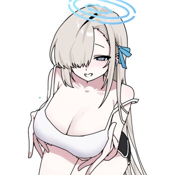 1girl absurdres asuna_(blue_archive) bare_shoulders black_shorts blonde_hair blue_archive blue_eyes blue_halo blush breasts cleavage collarbone commentary dolphin_shorts grabbing_own_breast grin hair_over_one_eye hair_ribbon halo highres large_breasts long_hair looking_at_viewer mole mole_on_breast ribbon shorts sima.ani smile solo tank_top very_long_hair white_tank_top