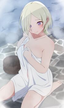 #yukitannpo 1girl absurdres bare_shoulders barefoot blush breasts bucket closed_mouth collarbone commentary_request covering_breasts covering_privates grey_hair highres holding holding_towel knees_out_of_frame large_breasts love_live! love_live!_nijigasaki_high_school_idol_club mia_taylor naked_towel onsen purple_eyes short_hair sitting soles solo toes towel wariza wooden_bucket