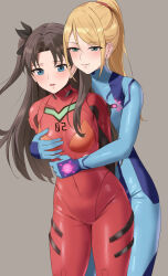 Rule 34 | absurdres, amayo thranana, black hair, blonde hair, blue bodysuit, blue eyes, bodysuit, breasts, closed mouth, commission, cosplay, crossover, fate/stay night, fate (series), grabbing, grabbing from behind, green eyes, grey background, high ponytail, highres, hug, long hair, medium breasts, metroid, mole, mole under mouth, neon genesis evangelion, nintendo, open mouth, plugsuit, red bodysuit, samus aran, simple background, skeb commission, skin tight, smile, souryuu asuka langley, souryuu asuka langley (cosplay), tohsaka rin, two side up, very long hair, yuri, zero suit