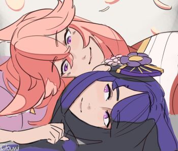 Rule 34 | 2girls, animal ears, artist name, blunt bangs, blush, cherry blossoms, closed mouth, clouvu, commentary, couch, english commentary, falling petals, fan hair ornament, fox ears, fox girl, genshin impact, grey background, hair between eyes, hair ornament, highres, japanese clothes, kimono, light blush, light smile, long hair, looking at another, looking down, looking up, makoto (genshin impact), multiple girls, petals, pink eyes, purple eyes, purple hair, shade, upper body, yae miko, yuri