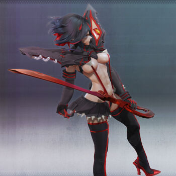 1girl 3d absurdres armpits black_hair blue_eyes boots breasts cameltoe cleavage covered_erect_nipples high_heel_boots high_heels highres katana kill_la_kill large_breasts leslyzerosix long_hair looking_at_viewer matoi_ryuuko red_hair sword thigh_boots thighhighs weapon