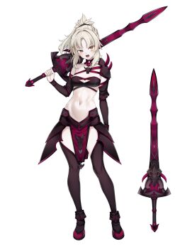 1girl absurdres alternate_eye_color alternate_hair_color alternate_skin_color armor bags_under_eyes black_thighhighs blonde_hair braid choker clarent_(fate) commission commissioner_upload detached_sleeves fangs fate_(series) half_up_braid highres holding holding_sword holding_weapon large_variant_set loincloth looking_at_viewer medium_hair midriff mordred_(fate) nabunabu open_mouth over_shoulder pale_skin pauldrons ponytail shoes shoulder_armor shouting single_pauldron solo spikes standing stomach strap sword sword_over_shoulder thighhighs toned toned_female variant_set weapon weapon_over_shoulder white_background yellow_eyes zettai_ryouiki
