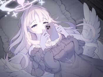 1girl angel_wings blue_archive cellphone dress feathered_wings frilled_dress frills halo highres holding holding_phone long_hair low_wings lying matchamassa mika_(blue_archive) on_back open_mouth phone pillow pink_hair pink_halo purple_eyes smartphone solo very_long_hair white_wings wings