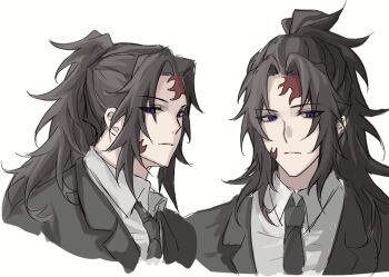 1boy black_hair black_necktie blue_eyes closed_mouth formal_clothes highres kimetsu_no_yaiba necktie ponytail scar scar_on_face shirt sidelocks simple_background suit thnxto tsugikuni_michikatsu white_background white_shirt