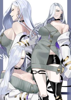 1girl blue_lips dress earrings eyeliner fate/grand_order fate_(series) grey_dress hair_over_one_eye hiyoko_no_tamago hoop_earrings jacket jewelry makeup mrs._snake_(fate) off_shoulder ribbed_dress solo sweater sweater_dress temporal_hairline white_jacket
