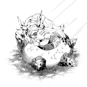 1girl chibi chibi_only commentary_request dragon_girl dragon_horns dragon_tail greyscale hanyaka horns light_dragon_(zelda) monochrome nintendo princess_zelda rain short_hair sleeping solo spoilers tail the_legend_of_zelda the_legend_of_zelda:_tears_of_the_kingdom