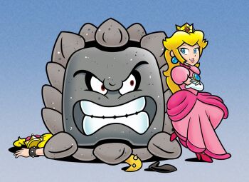 1girl 2others angry blonde_hair blue_eyes bowsette corpse crossed_arms crown crushing doc_shoddy downrightshoddy dress earrings gloves high_heels jewelry long_hair mario_(series) meme multiple_others new_super_mario_bros._u_deluxe nintendo pink_dress princess_peach smug spikes super_crown super_mario_bros._3 tail thwomp