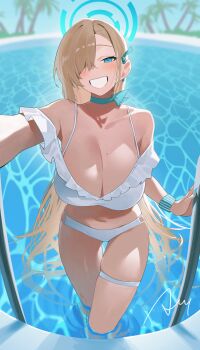 1girl alternate_costume ao_tsukushi aqua_choker asuna_(blue_archive) bikini blue_archive blue_eyes blue_halo blue_ribbon breasts brown_hair choker cleavage collarbone commentary frilled_bikini frills hair_over_one_eye hair_ribbon halo highres large_breasts long_hair looking_at_viewer mole mole_on_breast outdoors pool ribbon signature smile solo swimsuit thigh_gap thigh_strap thighs very_long_hair white_bikini