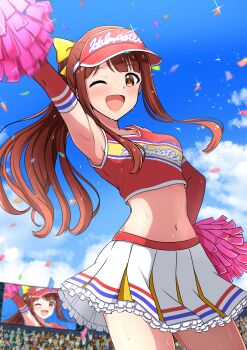 1girl :d absurdres arm_up armpits blue_sky blush breasts brown_eyes brown_hair cheerleader confetti crop_top crowd day floating_hair highres holding holding_pom_poms idolmaster idolmaster_million_live! long_hair midriff mimiu_p one_eye_closed open_mouth outdoors pom_pom_(cheerleading) pom_poms ponytail print_tank_top red_tank_top screen_zoom skirt sky smile solo_focus sweat tanaka_kotoha tank_top white_skirt