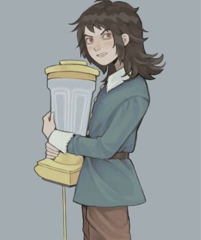 1boy abaddon_(haunted_hotel) abaddon_(human)_(haunted_hotel) blender_(object) blue_coat brown_hair coat cowboy_shot grey_background haunted_hotel highres holding long_hair looking_at_viewer male_focus red_eyes simple_background szivarvanyturmix02