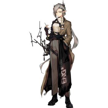 1girl ametora arknights asymmetrical_bangs asymmetrical_horns belt black_belt black_boots black_gloves boots brown_coat chest_belt closed_mouth coat demon_girl demon_horns earrings fingerless_gloves full_body gloves green_eyes hair_over_one_eye hand_in_pocket high_collar holding holding_pen horns id_card jewelry lapels long_coat long_hair long_sleeves looking_at_viewer low_ponytail midriff_peek nasti_(arknights) notched_ear official_art open_clothes open_coat pants pen pointy_ears ponytail rhine_lab_logo shirt solo tachi-e third-party_source transparent_background uneven_horns very_long_hair white_shirt