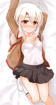1girl bed_sheet black_skirt blush breasts brown_shirt camisole closed_mouth commentary_request fate/kaleid_liner_prisma_illya fate_(series) highres homurabara_academy_school_uniform illyasviel_von_einzbern long_hair long_sleeves looking_at_viewer lying miniskirt mochi_(k620803n) no_shoes nose_blush on_back open_clothes open_shirt paid_reward_available pleated_skirt red_eyes school_uniform shirt skirt small_breasts socks solo white_camisole white_hair white_socks