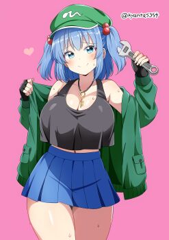 Rule 34 | 1girl, adjustable wrench, alternate costume, black gloves, black shirt, blue hair, blue skirt, breasts, cleavage, closed mouth, commentary request, commission, fingerless gloves, gloves, green hat, green jacket, hair bobbles, hair ornament, hat, heart, highres, holding, holding wrench, jacket, jewelry, kawashiro nitori, key, key necklace, kyanta5354, large breasts, looking at viewer, miniskirt, navel, necklace, open clothes, open jacket, pink background, pleated skirt, shirt, simple background, skeb commission, skirt, sleeveless, sleeveless shirt, smile, solo, sweat, thick thighs, thighs, touhou, two side up, wrench