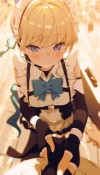 1boy 1girl absurdres adjusting_another&#039;s_clothes adjusting_clothes adjusting_necktie backlighting bare_shoulders black_gloves black_necktie blonde_hair blue_archive blue_bow blue_bowtie blue_eyes blurry blurry_background blush bow bowtie briefcase bun_cover closed_mouth commentary_request dressing_another earpiece elbow_gloves fingerless_gloves from_above gloves hair_intakes highres kazueru looking_at_viewer maid_headdress necktie pov shirt smile toki_(blue_archive) white_headdress white_shirt