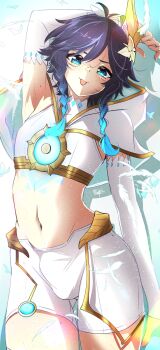 1boy absurdres aqua_eyes aqua_hair black_hair braid bulge chest_tattoo crop_top genshin_impact gradient_hair hashtag-only_commentary highres looking_at_viewer male_focus marky_evan midriff multicolored_hair navel official_alternate_costume shirt shorts solo tattoo tongue tongue_out trap twin_braids venti_(archon)_(genshin_impact) venti_(genshin_impact) white_hood white_shirt white_shorts white_sleeves