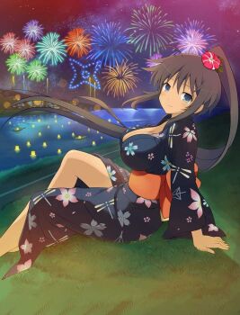 1girl aerial_fireworks arm_support bikini_tan black_hair black_kimono blush breasts city_lights cleavage dark-skinned_female dark_skin dragonfly_print fireworks floating floral_print floral_print_kimono flower grass green_eyes hair_flower hair_ornament high_ponytail hill homura_(senran_kagura) horizon japanese_clothes kimono lantern large_breasts leaf lens_flare long_hair looking_at_viewer mountainous_horizon night night_sky obi official_art paper_lantern ponytail print_kimono red_flower river road sash senran_kagura senran_kagura_new_wave senran_kagura_shoujo-tachi_no_shin&#039;ei sky smile solo star_(sky) starry_sky tan tanline very_long_hair