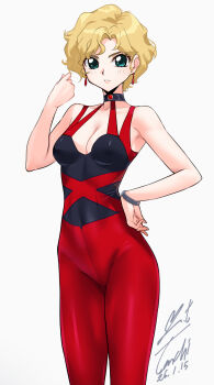 1girl blonde_hair bodysuit bracelet breasts closed_mouth commentary_request covered_navel dated earrings frown green_eyes highres jewelry looking_at_viewer medium_breasts red_bodysuit regina_argine revision short_hair sleeveless sleeveless_bodysuit solo yoo_tenchi yuusha_keisatsu_j-decker yuusha_series