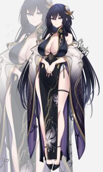 1girl adoptable bare_shoulders black_dress blue_eyes breasts china_dress chinese_clothes cleavage dress hair_ornament high_heels highres large_breasts original pelvic_curtain print_dress rohioart side-tie_dress side_slit sleeveless sleeveless_dress smile thigh_strap tsurime