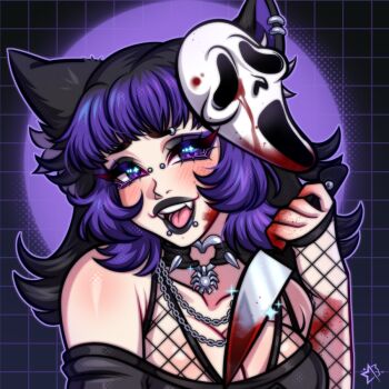 1girl animal_ear_fluff animal_ears black_hair black_lips blood bridge_piercing bug cat_ears choker crop_top eyebrow_piercing face_piercing fang fishnet_top fishnets ghostface gloves goth_fashion jewelry knife makeup mask mask_on_head mouth_piercing necklace nicoenvt piercing purple_eyes purple_hair scream_(movie) short_hair solo solo_focus spider starrynekoart wavy_hair