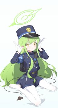 &gt;:( 1girl absurdres armband belt black_belt black_hat black_jacket black_skirt blue_archive blue_armband blush buttons closed_mouth commentary demon_girl demon_tail double-breasted earrings frown full_body gloves green_hair green_halo hair_between_eyes halo hands_up hat highres hikari_(blue_archive) jacket jewelry long_hair long_sleeves looking_at_viewer making_faces miniskirt nammmmer no_shoes pantyhose peaked_cap pleated_skirt pointy_ears romaji_commentary sidelocks simple_background sitting skirt solo split_mouth tail thick_eyebrows v-shaped_eyebrows very_long_hair wariza white_background white_gloves white_pantyhose yellow_eyes