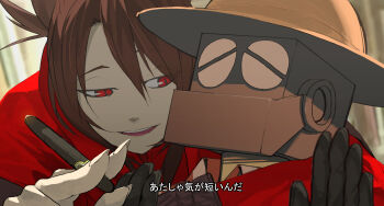 Rule 34 | 1girl, cigar, close-up, fake screenshot, fingernails, gloves, gradient background, hair between eyes, half-closed eyes, hat, highres, long fingernails, mask, open mouth, parted lips, pixiv fantasia, pixiv fantasia t, ponytail, red eyes, red hair, robot, slit pupils, tagging in progress, tsukuba masahiro, upper body, viola (pixiv fantasia)