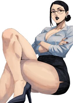1girl absurdres black_hair black_lips black_nails black_shoes black_skirt breasts cleavage crossed_arms crossed_legs debbie_grayson glasses hex_mamaso high_heels highres invincible_(series) invisible_chair large_breasts looking_at_viewer mature_eyes mature_female pencil_skirt shoes simple_background sitting skirt solo thighs