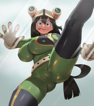 1girl absurdres alternate_breast_size_(larger) asui_tsuyu black_eyes black_hair bodysuit boku_no_hero_academia breasts brown_gloves cameltoe commentary_request from_below gloves green_bodysuit hair_between_eyes hair_rings hat highres huge_breasts impossible_bodysuit impossible_clothes kicking long_hair low-tied_long_hair motion_lines narisokonai solo standing standing_on_one_leg superhero_costume tongue tongue_out very_long_hair