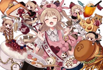 6+girls :d apron birthday_sash black_apron black_hat black_sailor_collar black_skirt blonde_hair bread bread_slice brown_hair burger cat closed_eyes commentary cooking_pot crab cup demon_horns drinking_glass drooling eating fang fish food fork french_fries hair_ornament hashtag-only_commentary hat highres holding holding_fork holding_knife horns jam jar jiangshi_costume knife long_hair long_sleeves looking_at_viewer low_twintails magnifying_glass mouth_drool multiple_girls multiple_persona natori_sana natori_sana_(devil_natori) natori_sana_(jiangshi) natori_sana_(nurse) natori_sana_(parade) natori_sana_(school_uniform) nurse_cap official_alternate_costume open_mouth pink_apron pizza poyadi puffy_short_sleeves puffy_sleeves qingdai_guanmao rabbit_hair_ornament red_eyes saana-kun saigou_r_irori sailor_collar sana_channel sash short_sleeves shoulder_sash shrimp skirt smile spoon stuffed_animal stuffed_rabbit stuffed_toy toast twintails two_side_up virtual_youtuber watch