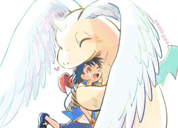 1boy ^_^ artist_name ash_ketchum baseball_cap black_hair blue_jacket blue_shorts blush brown_eyes claws closed_eyes commentary commentary_request double_arm_hug dragonite gen_1_pokemon hat head_wings heart horns hug jacket looking_up male_focus mega_dragonite muraziti-zu nintendo one_eye_closed open_clothes open_jacket open_mouth pokemon pokemon_(anime) pokemon_journeys red_hat shirt shoes short_hair shorts simple_background single_horn smile teeth tongue upper_teeth_only white_background white_shirt white_wings wings wristband