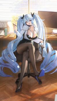Rule 34 | 1girl, absurdly long hair, absurdres, artist request, black bow, black bra, black choker, black pantyhose, black shoes, black skirt, blue eyes, blue hair, bow, bra, breasts, calendar (object), chair, chinese commentary, choker, cleavage, clipboard, commentary request, computer keyboard, corded phone, crossed legs, desk, dress shirt, echocalypse, hair between eyes, hair bow, high heels, highres, holding, holding clipboard, holding pen, lace, lace bra, large breasts, long hair, looking at viewer, monitor, multicolored hair, name tag, office chair, office lady, official art, on chair, open clothes, open mouth, open shirt, pantyhose, pen, pencil skirt, phone, plant, potted plant, rorza (echocalypse), shirt, shoes, sitting, skirt, solo, sticky note, streaked hair, swivel chair, twintails, underwear, very long hair, white shirt, window blinds