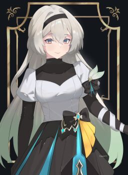 1girl absurdres black_dress black_hairband black_ribbon black_sleeves blush bow closed_mouth dress firefly_(honkai:_star_rail) green_pupils grey_hair hair_between_eyes hair_intakes hairband highres honkai:_star_rail honkai_(series) long_hair multicolored_eyes pyarthra ribbon ribbon-trimmed_shirt ribbon_trim shirt smile solo waist_bow white_shirt