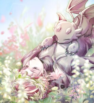 1boy blurry blurry_background cale_henituse claws closed_mouth commentary_request dated day dragon field flower flower_field grass half-closed_eyes head_wreath highres jacket lout_of_count&#039;s_family lying male_focus on_back osewa6363 outdoors parted_lips petals raon_miru red_hair shirt short_hair signature