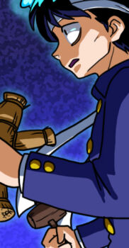 1boy bags_under_eyes bandana blue_background doll gosunkugi_hikaru hammer holding holding_doll holding_hammer lowres open_mouth ranma_1/2 school_uniform solo wanta_(futoshi) white_bandana
