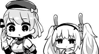 2girls animal_ears armband azur_lane azur_lane:_slow_ahead bare_shoulders beret blush bow breasts cleavage closed_mouth commentary_request deformed dot_mouth dress fake_animal_ears gloves greyscale hair_between_eyes hair_bow hairband hand_up hat hat_ribbon hori_(hori_no_su) laffey_(azur_lane) long_hair medium_breasts monochrome multiple_girls no_nose off_shoulder official_art parted_lips rabbit_ears ribbon short_hair sidelocks simple_background sleeveless sleeveless_dress striped_bow twintails upper_body white_background z23_(azur_lane)