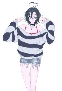 1girl absurdres ant black_choker black_hair black_nails bug camisole choker closed_mouth commentary_request denim denim_shorts double_w facing_viewer feet_out_of_frame fingernails hands_up highres idolmaster idolmaster_(classic) insect kikuchi_makoto long_sleeves looking_to_the_side multicolored_nails nail_polish najuco_(naju0517) red_camisole red_nails short_hair shorts sideways_glance simple_background solo standing striped_clothes striped_sweater sweater torn_clothes torn_shorts two-tone_nails w white_background