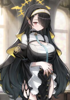 1girl bekkuro black_coif black_dress black_hair blue_archive blush breasts cleavage_cutout clothing_cutout commentary_request covered_collarbone dress earrings frilled_sleeves frills groin hair_over_one_eye halo highres hinata_(blue_archive) jewelry large_breasts long_hair looking_at_viewer nun pelvic_curtain red_eyes solo steepled_fingers thighs very_long_hair white_dress wide_sleeves yellow_halo