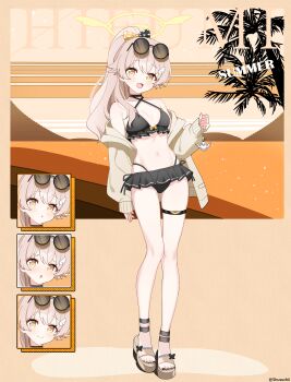 1girl absurdres alternate_costume bikini blue_archive breasts eyewear_on_head frilled_bikini frills full_body halo hifumi_(blue_archive) highres multiple_expressions shusuchii small_breasts swimsuit toes yellow_eyes