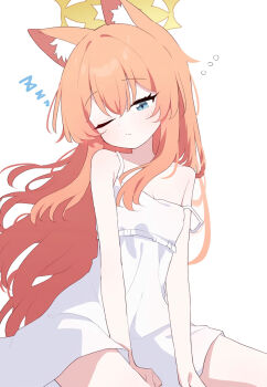 Rule 34 | 1girl, alternate costume, animal ear fluff, animal ears, artist request, blue archive, blue eyes, blush, closed mouth, commentary request, dress, hair between eyes, halo, highres, long hair, mari (blue archive), one eye closed, orange hair, simple background, sitting, solo, strap slip, white background, white dress, zzz