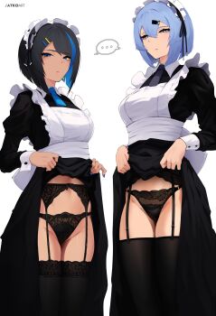 ... 2girls absurdres apron black_hair black_panties black_shirt black_skirt black_thighhighs blank_stare blue_eyes blue_hair blue_nails blue_necktie clothes_lift commentary duplicate english_commentary fine_fabric_emphasis garter_belt garter_straps grey_necktie hair_ornament hairclip highres lace lace_panties lifting_own_clothes long_skirt looking_at_viewer maid maid_apron maid_headdress multicolored_hair multiple_girls nail_polish necktie original panties pixel-perfect_duplicate reine_(evil_trevo) saki_(the_atko) shirt short_hair skirt skirt_lift spoken_ellipsis the_atko thighhighs underwear white_background