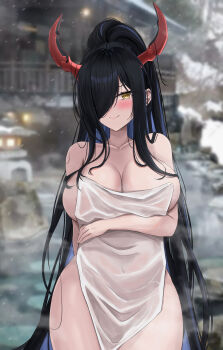 1girl absurdres alternate_costume alternate_hair_color alternate_hairstyle architecture azur_lane bare_shoulders black_hair blurry blurry_background blush breasts chinese_commentary cleavage closed_mouth collarbone colored_inner_hair commentary covered_navel cowboy_shot east_asian_architecture friedrich_der_grosse_(azur_lane) hair_on_horn hair_over_one_eye high_ponytail highres holding holding_towel horns huge_breasts long_hair looking_at_viewer mechanical_horns multicolored_hair naked_towel onsen outdoors ponytail purple_hair purple_streaks railing red_horns shin69 sidelocks smile snow snowing solo stone_lantern thighs towel very_long_hair yellow_eyes